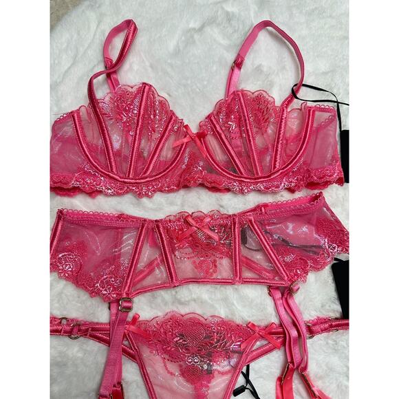 Honey Birdette NATALIE🩷 3 Piece Pink Lace Set Bra 32D, XS, XS Thong - Picture 2 of 6
